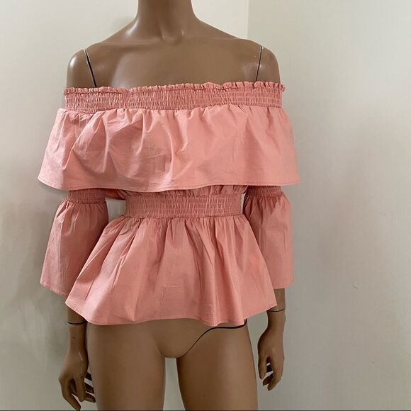 NEW Missguided Pink Shirred Ruffle Off Shoulder Bardot Blouse top 8 - Picture 5 of 10